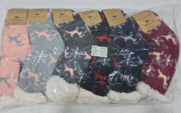 Шкарпетки-валянки "Золото" HD-2504 термо домашні на товстому хутрі з вовною (норка) та з гальмами на підошві жіночі, р. 36-41 -асорті -(Олені +сніжинки) -уп 12 шт