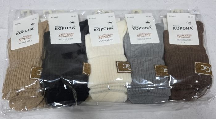 Шкарпетки "Корона" ВY-5483 вовна мериноса жіночі, р. 36-41 -асорті -(Однотонні в'язані у візерунок +з відворотом +емблема з написом UGC) -уп. 10 шт