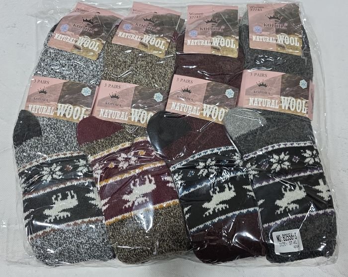 Шкарпетки "КОРОНА" В-2556-3 термо ангора вовна на махрі жіночі, р. 36-42 асорті -(Меланжеві в'язані +з широким орнаментом з оленями під гумкою-жін.) -уп. 12 шт