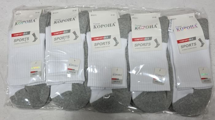 Шкарпетки "Корона" BY-2171-3 напівмахрові/ махровий слід жіночі, р. 37-42 -(Термо /білий верх +сірий низ з широкою гумкою в рубчик +махрова підошва /стопа -жін.) - уп. 10 шт