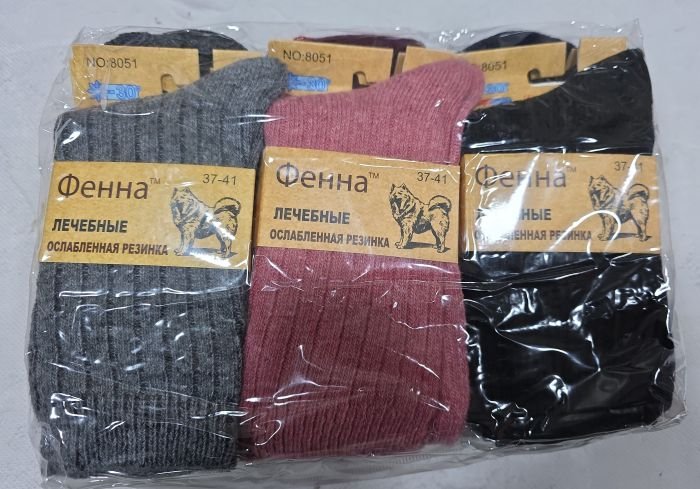Шкарпетки "Фенна" 8051 термо собача вовна "з ослабленою гумкою" жіночі, р. 37-41 -(асорті /однотонні в рубчик) -уп. 12 шт