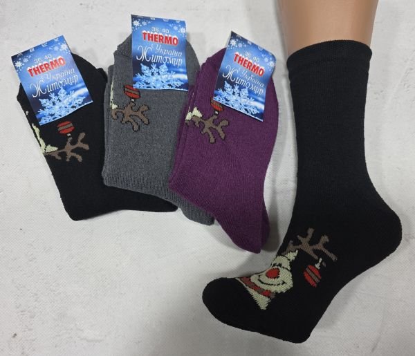 Шкарпетки Житомир "Преміум" 6062-19 махрові жіночі р. 23-25 -асорті -(Махра -спереду оленя з новорічними іграшками на ріжках) -уп. 12 шт