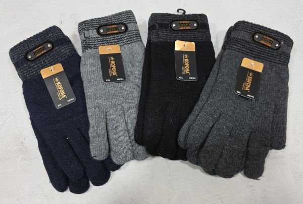 Рукавички чоловічі "Корона" 8194 -XXL подвійні на хутрі +з додаванням вовни та кашеміру -(асорті /однотонні +на манжеті смужки +емблема) -уп.12 шт.