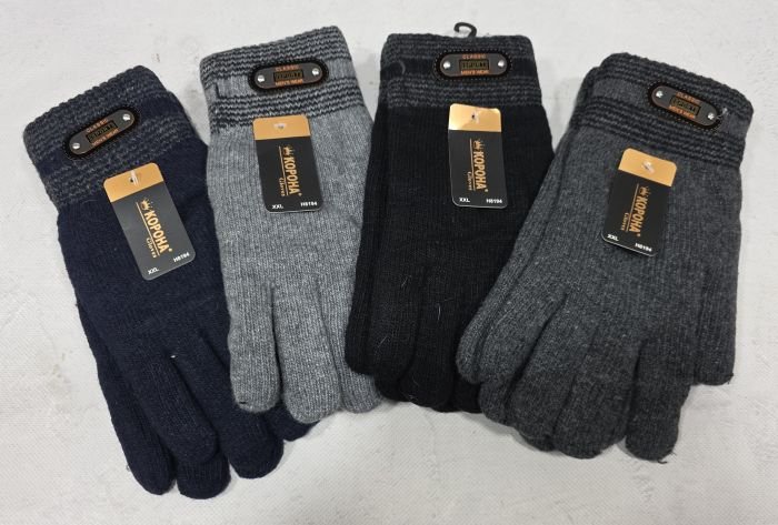 Рукавички чоловічі "Корона" 8194 -XXL подвійні на хутрі +з додаванням вовни та кашеміру -(асорті /однотонні +на манжеті смужки +емблема) -уп.12 шт.