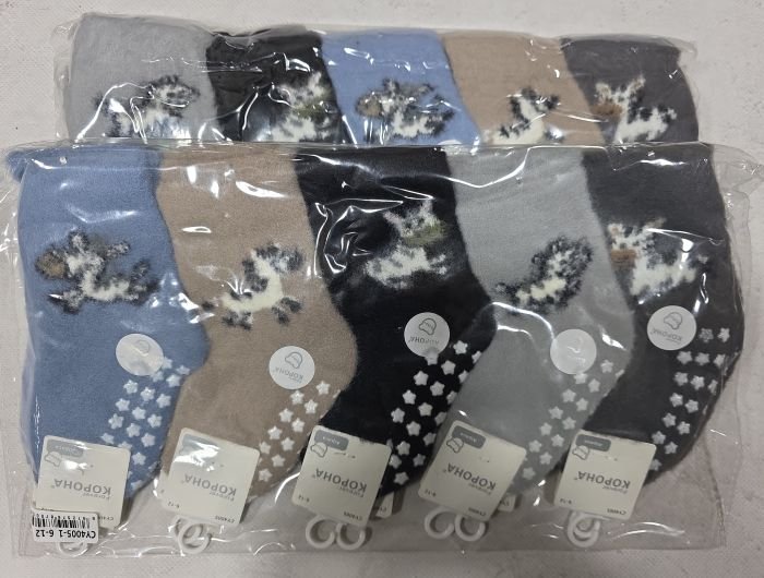 Шкарпетки "КОРОНА" CY-4005-1 альпака вовна дитячі, р. 0-6м /8-10 см, 6-12м /10-12 см -асорті -("Бебіки" -під гумкою різні звірятка +на стопі силіконові гальма) -уп. 10 шт