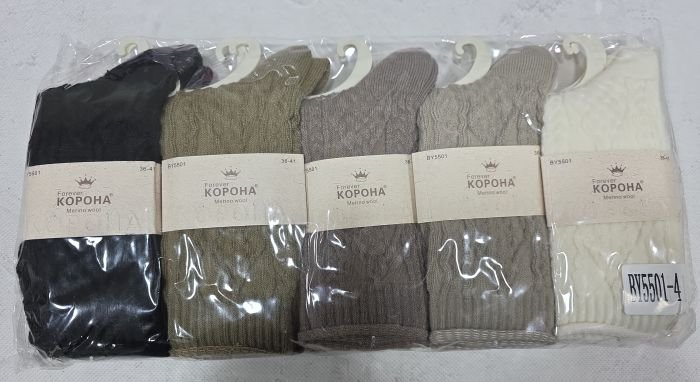 Шкарпетки "Корона" ВY-5501-4 мериносова (овеча) вовна жіночі, р. 36-41 -асорті -(Однотонні з рельєфним візерунком) -уп. 10 шт