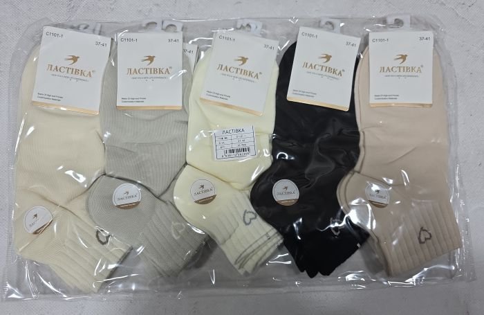 Шкарпетки "Ластівка" С-1101-1 стрейч /cotton жіночі, р. 37-41 -асорті -(Однотонні /укорочені +резинці в рельєфний рубчик маленьке серце) -уп. 10 шт