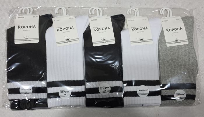 Шкарпетки "Корона" ВY-5550 стрейч/cotton жіночі, р. 37-41 -(Теніс однотонні +на високій гумці в рубчик дві смужки) -уп. 10 шт