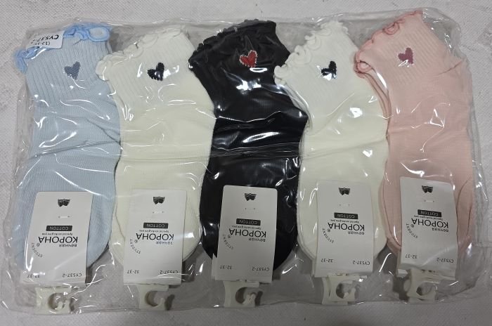 Шкарпетки "Корона" CY-537-2 стрейч підліткові р. 32-37 -асорті -(Дівчинка -однотонні з сітчастою в'язкою +збоку на резинці в рубчик серце +хвиляста окантовка на резинці) -уп. 10 шт