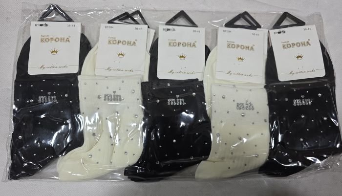 Шкарпетки "Корона" ВF-094 -(BY-950-3) стрейч/ cotton жіночі, р. 36-41 -асорті -(Середні /однотонні в рубчик +на гумці камінці та напис "min") -уп. 10 шт