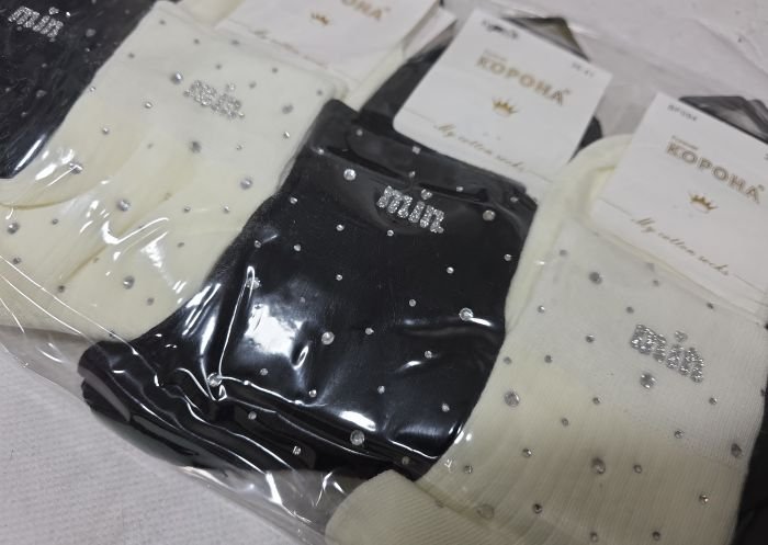 Шкарпетки "Корона" ВF-094 -(BY-950-3) стрейч/ cotton жіночі, р. 36-41 -асорті -(Середні /однотонні в рубчик +на гумці камінці та напис "min") -уп. 10 шт