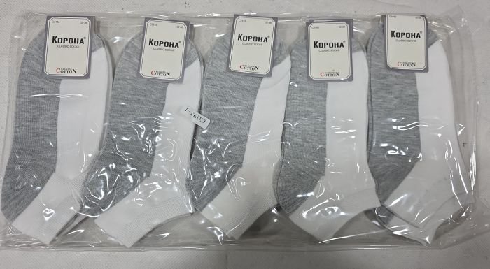 Шкарпетки "Корона" C-3193-1 стрейч /cotton підліткові, р. 32-38 -асорті -(Короткі -білий верх +сіра підошва -підліток) -уп. 10 шт