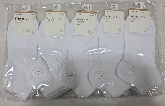 Шкарпетки "Корона" ВY-840-7 стрейч /eco cotton жіночі, р. 37-41 -(Укорочені /білі у рельєфній рубчик +гумка в рубчик) -уп. 10 шт