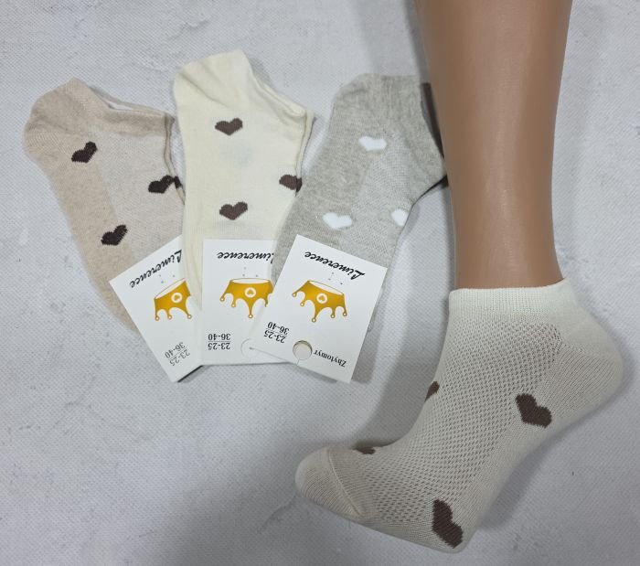 Шкарпетки Житомир "Limerence" 03-62 сітка жіночі короткі, р. 36-40 -асорті -(сіточка -світлий бежевий мікс +спереду середні серця) -уп. 12 шт