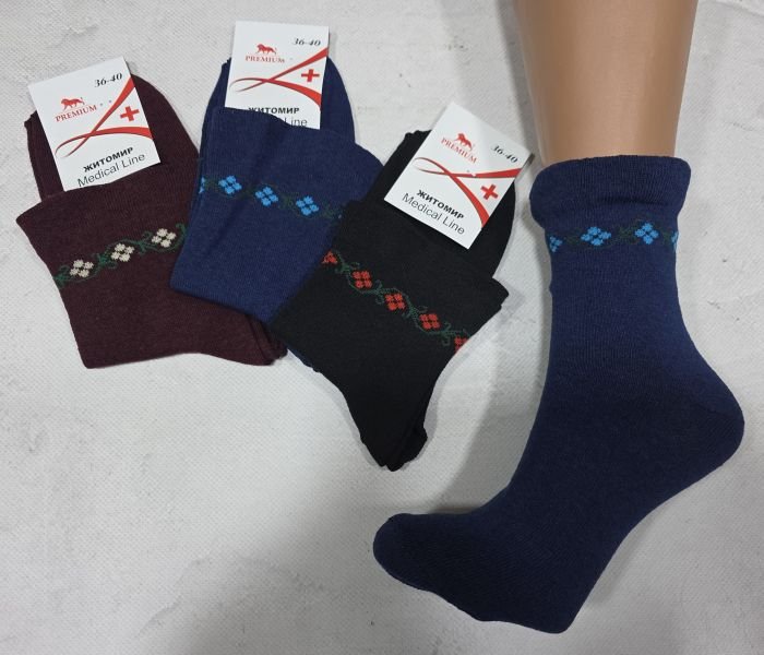 Шкарпетки "Житомир Преміум" medical line + 111-3 стрейч жіночі "Без резинки", р. 23-25 -випадкове асорті -(б/р +гілочка з квіточками) -уп. 12 шт
