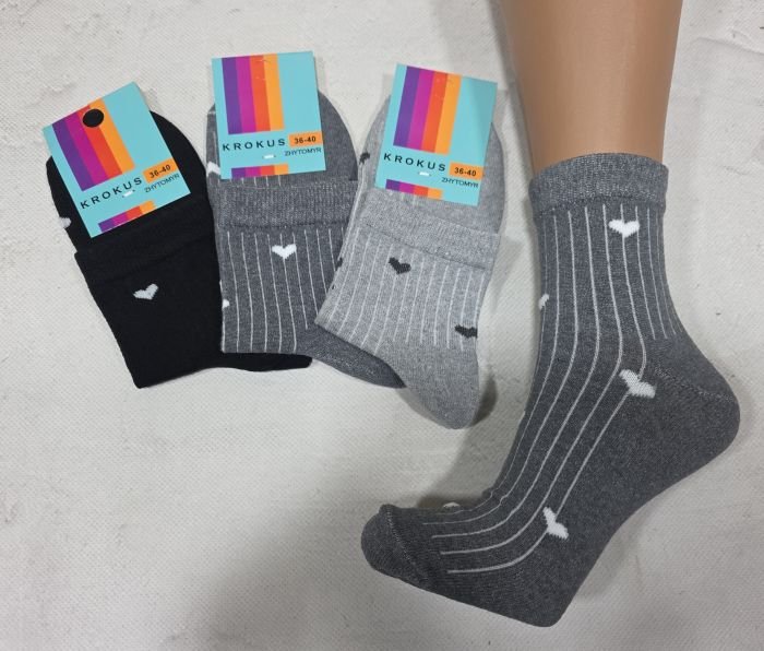 Шкарпетки Житомир "Krokus" 772-72 економ /стрейч жіночі, р. 36-40 -асорті -("економ" середні /серій мікс з тонкими смужками і серцями по всій шкарпетці) -уп. 12 шт