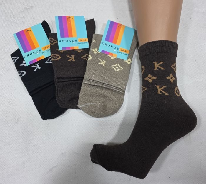 Шкарпетки Житомир "Krokus" 776 економ /стрейч жіночі, р. 36-40 -асорті -("економ" високі /коричневий мікс +під гумкою візерунок з літер "К" та значків) -уп. 12 шт