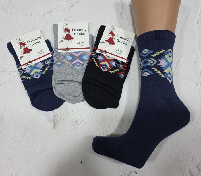 Шкарпетки Україна "Friendli Socks" 033-32 стрейч жіночі, р. 23-25 -асорті -(Високі +зверху широкий різнокольоровий орнамент) -уп. 12 шт