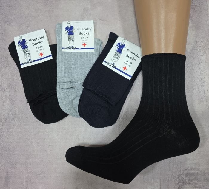 Шкарпетки Україна "Friendli Socks" MEN-656-060 стрейч чоловічі "без гумки" р. 27-29 -асорті -(У рубчик /Без резинки з ослабленим верхом -чол.) -уп. 12 шт