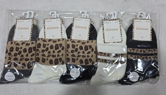 Шкарпетки "Корона" ВY-5558-3 стрейч/cotton жіночі, р. 37-41 -(Середні /однотонні +на широкій гумці в рубчик дві леопардові смужки +широкі вставки) -уп. 10 шт