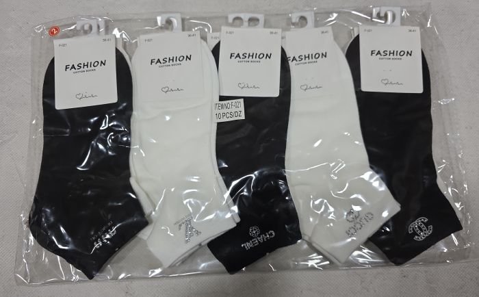 Шкарпетки Туреччина "FASHION" F-021 стрейч /cotton жіночі, р. 36-41 -асорті -(Укорочені -чорні та білі +на гумці збоку мікс різних написів з камінцями) -уп. 10 шт
