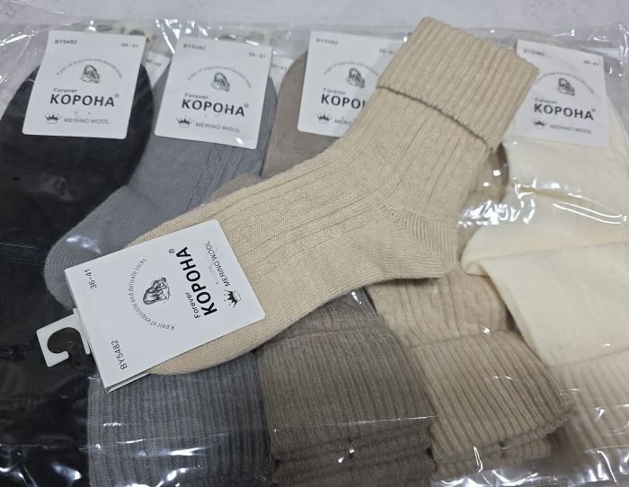 Шкарпетки "КОРОНА" ВY-5482 з мериносової вовни /кашемір жіночі, р. 36-41 -асорті -(Однотонні в рельєфній візерунок +з відворотом у рубчик) -уп. 10 шт