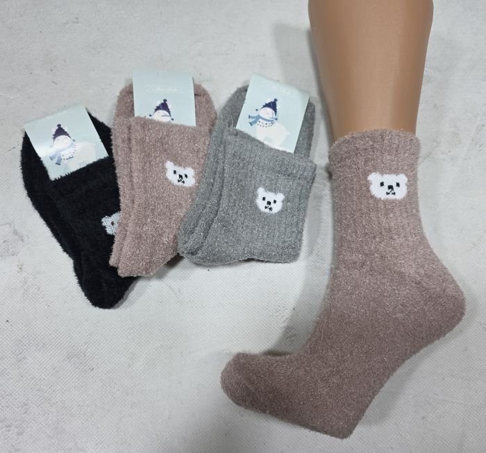 Шкарпетки "NiceSocks" 712-VED-6-ведмедик" трава-плюш жіночі, р. 36-40 -асорті -(чорні /кавові /білі +на середній гумці в рубчик маленька мордочка ведмедика) -уп. 6 шт