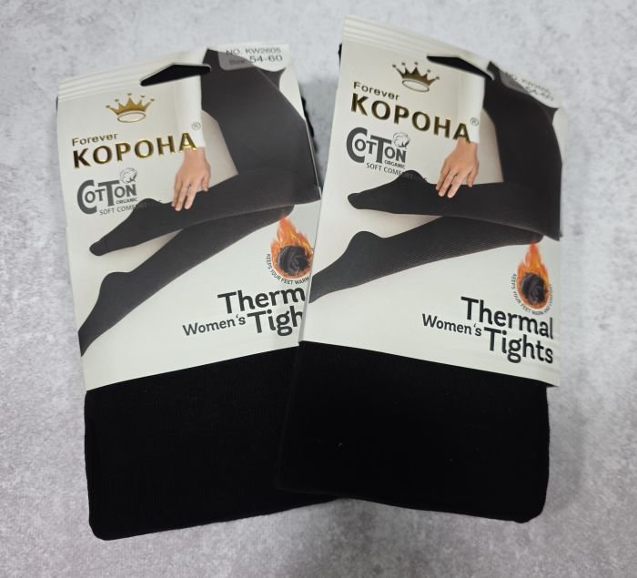 Колготки "Корона" KW-2605/54-60 термо cotton в дрібний рубчик із фланелевим утепленням до масажної стопи, позаду 2 шви -(чорні)
