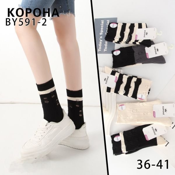 Шкарпетки "Корона" BY-591-2 стрейч / cotton жіночі, р. 36-41 - асорті - (Теніс / смугасті +однотонні в рубчик з порізами на широкій гумці) - уп. 10 шт