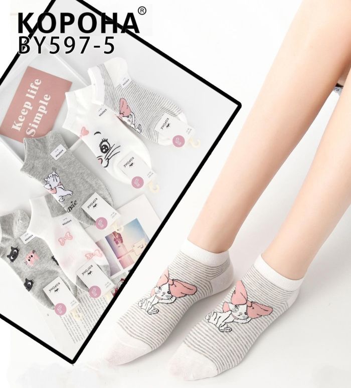 Шкарпетки "Корона" BY597-5 стрейч /cotton жіночі, р. 36-41 -(короткі /світлий мікс + мікс різних кішечок +шкарпетки з візерунком у дрібні бантики - у сіточку) - уп. 10 шт
