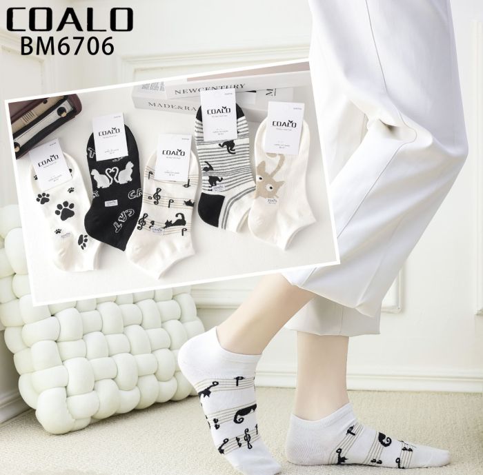 Шкарпетки "COALO" BМ6706 стрейч /cotton жіночі, р. 36-41 -(короткі /біло-чорний мікс з люрексом + різні котики + ноти) - уп. 10 шт
