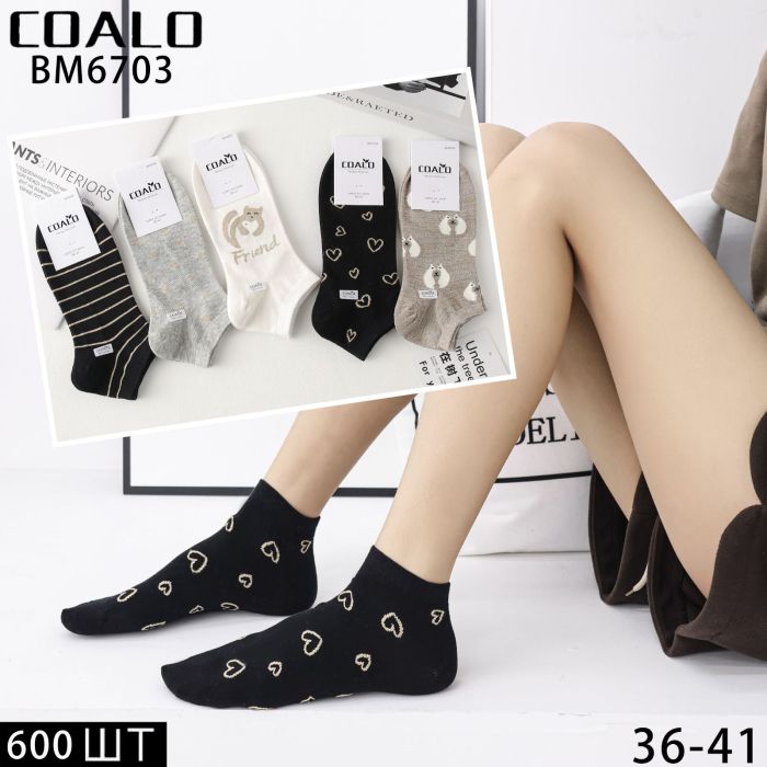 Шкарпетки "COALO" BМ6703 стрейч /cotton жіночі, р. 36-41 -(короткі /мікс візерунків -смужки / горошок / кіт / серця) - уп. 10 шт