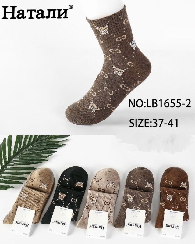 Шкарпетки "Наталі" LB1655-2 стрейч /бавовна жін, р. 37-41 -асорті -(середні -кавовий мікс з гумкою в рубчик + ведмедики /букви /крапочки) -уп. 10 шт