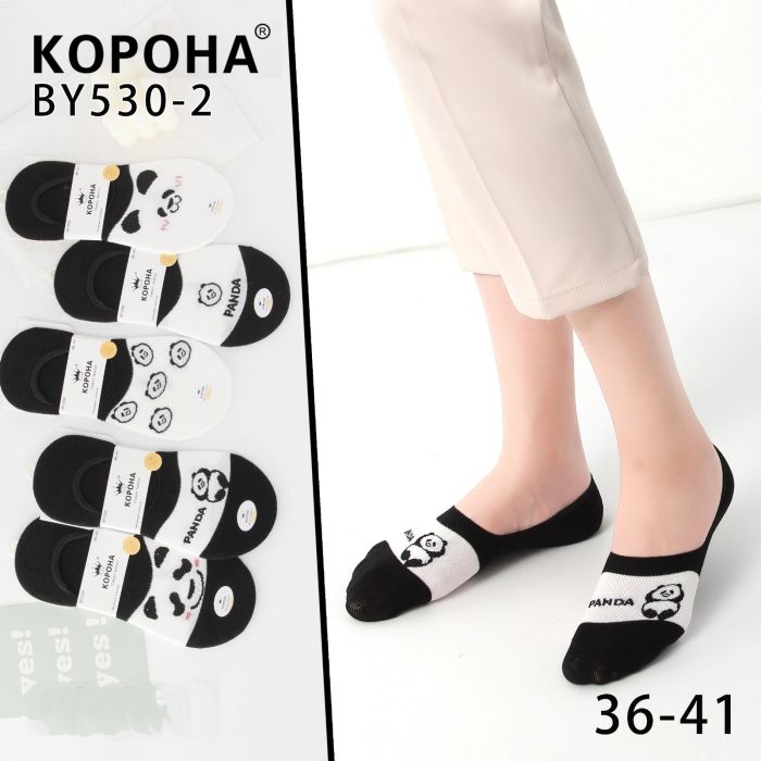 Шкарпетки-сліди "Корона" BY530-2 стрейч жіночі із силіконом на п'яті, р. 36-41 -асорті -(чорно-білі +мікс різних панд) -уп. 10 шт