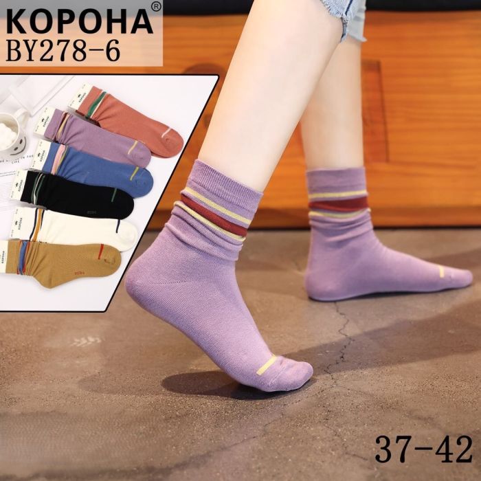 Шкарпетки "Корона" ВY278-6 стрейч /cotton жіночі, р. 37-42 -асорті -(Високі /однотонні +під гумкою кольорові смужки) -уп. 10 шт