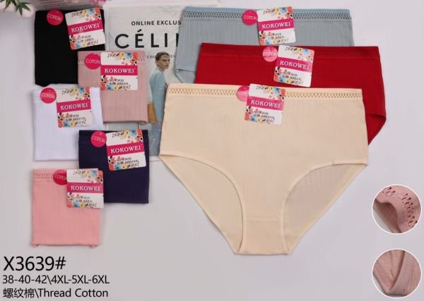 Жіночі труси "Kokowei" 3639 cotton, р. 4ХL, 5xl, 6xl -(54-56, 56-58, 58-60) -асорті -(однотонні в рубчик +тонка гумка з візерунком сіточка) -уп. 12 шт