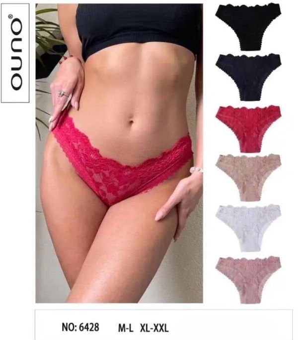 Жіночі труси "OUNO" 6428-О бавовняні з гіпюром, р. M/L, XL/2XL -(46-48, 48-50) -асорті -(однотонні з мереживом) -уп. 12 шт