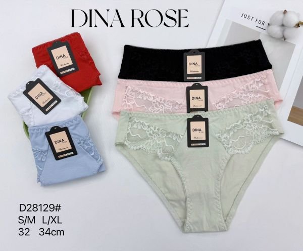 Жіночі труси "DINA Rose" 28129 бавовняні, р. S/M, L/XL -(46-48, 48-50) -асорті -(однотонні +спереду мереживі вставки) -уп. 12 шт