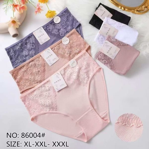 Жіночі труси "HANA" 86004 cotton, р. XL, 2XL, 3XL -(48-50, 50-52, 52-54) -асорті -(Однотонні в рубчик + спереду мереживо) -уп. 24 шт