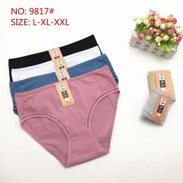 Жіночі труси "HANA" 9817-о cotton, р. XL, 2XL, 3XL -(46-48, 48-50, 50-52) -асорті -(Однотонні + з боків широкі мереживні вставки + спереду по ніжці тонка ставка з сіточкою) -уп. 24 шт