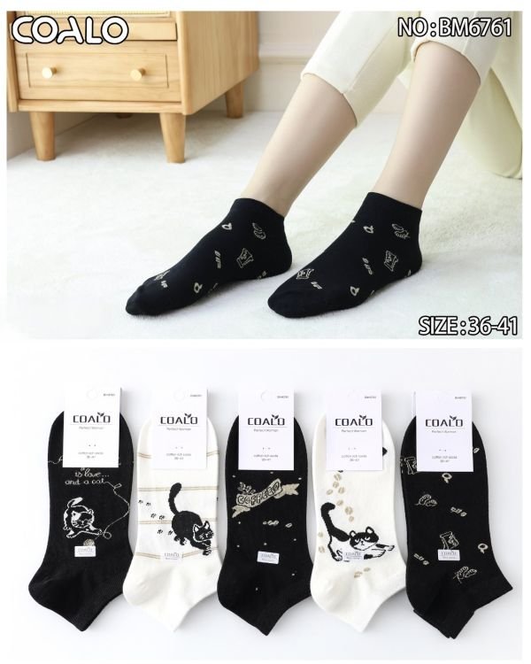 Шкарпетки "COALO" BМ-6761 стрейч /cotton жіночі, р. 36-41 -(короткі /чорні та білі +мікс з котиками +візерунки) - уп. 10 шт
