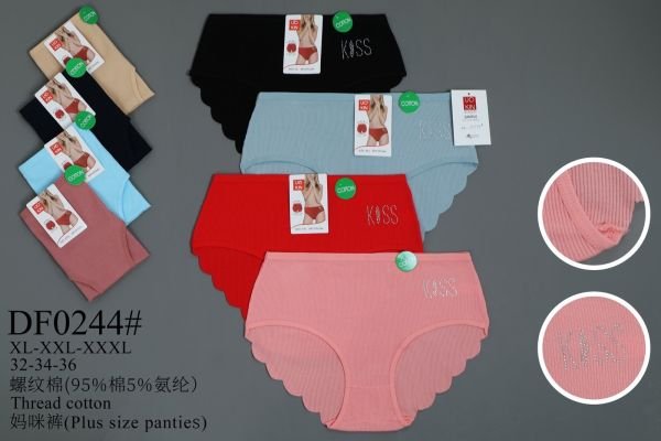 Жіночі труси "UOKIN" DF-0244 cotton, р. ХL, 2xl, 3xl -(48-50, 50-52, 52-54) -асорті -(Однотонні в рубчик +збоку літери "Kiss" зі страз +ззаду хвилясті краї) -уп. 12 шт
