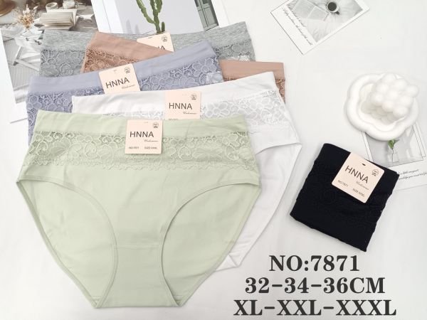 Жіночі труси "HNNA" 7871 cotton, р. XL, 2XL, 3XL -(48-50, 50-52, 52-54) -асорті -(однотонні +спереду під гумкою мереживна вставка) -уп. 24 шт