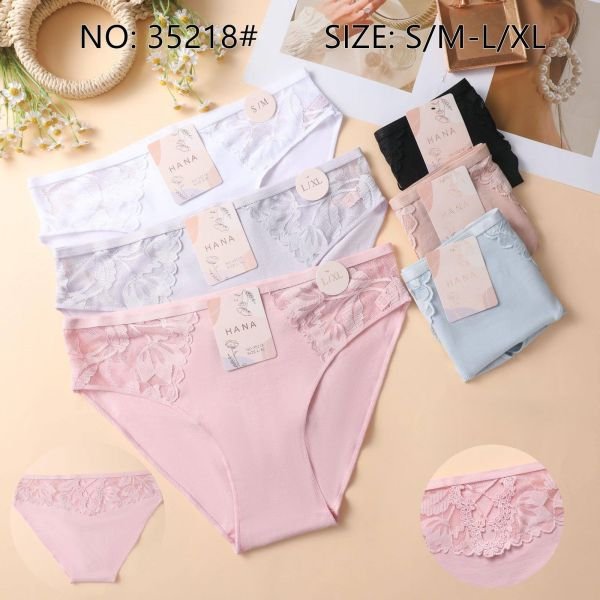 Жіночі труси "HANA" 35218 cotton, р. S/M, L/XL -(42-44, 44-46) -асорті -(Однотонні з мереживними вставками з боків і ззаду під гумкою +декор з переплетення) -уп. 24 шт