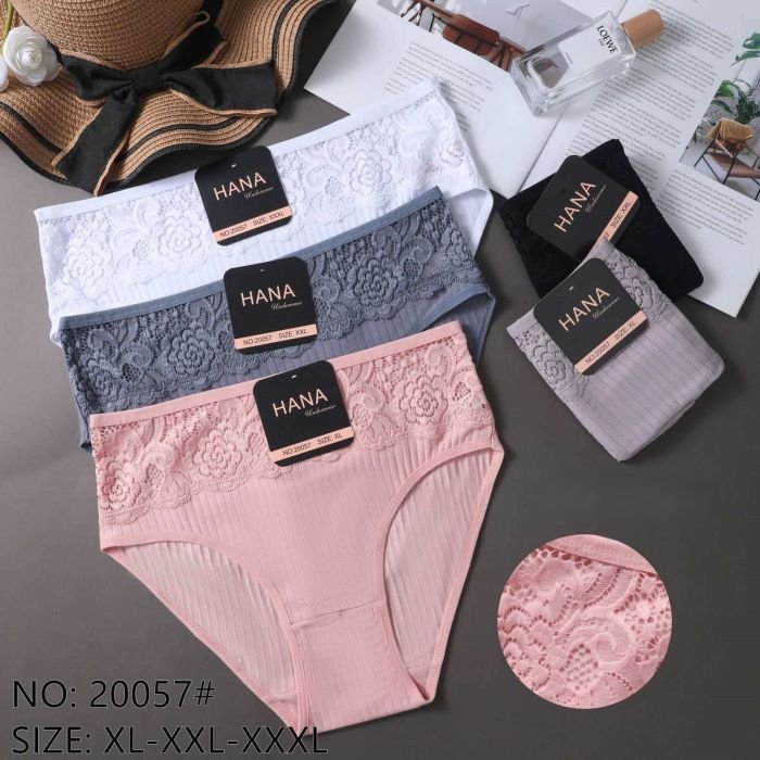 Жіночі труси "HANA" 20057 cotton, р. XL, 2XL, 3XL-(48-50, 50-52, 52-54) -асорті -(Однотонні в рубчик +спереду під гумкою мереживо) -уп. 24 шт