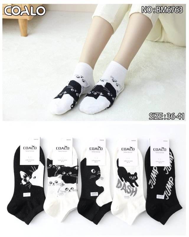 Шкарпетки "COALO" BМ-6763 стрейч /cotton жіночі, р. 36-41 -(короткі / чорні та білі з різними котами та мордочками + з написами) - уп. 10 шт