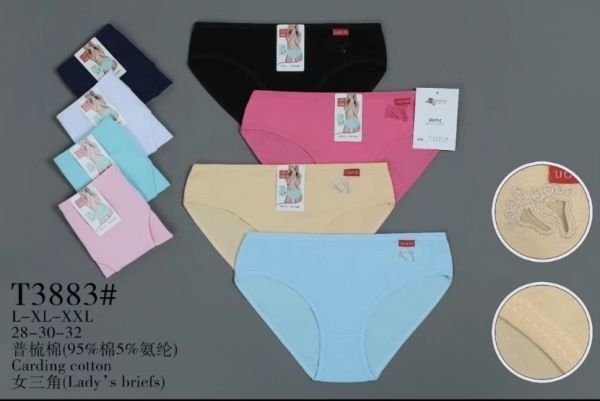 Жіночі труси "UOKIN" 3883 cotton, р. L, ХL, 2xl -(42-44, 44-46, 46-48) -асорті -(Однотонні +збоку лапки та емблема) -уп. 12 шт