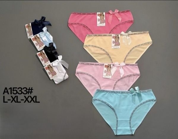 Жіночі труси "UOKIN" 1533 cotton, р. L, ХL, 2xl -(42-44, 44-46, 46-48) -асорті -(Однотонні з обідком у написи) -уп. 12 шт