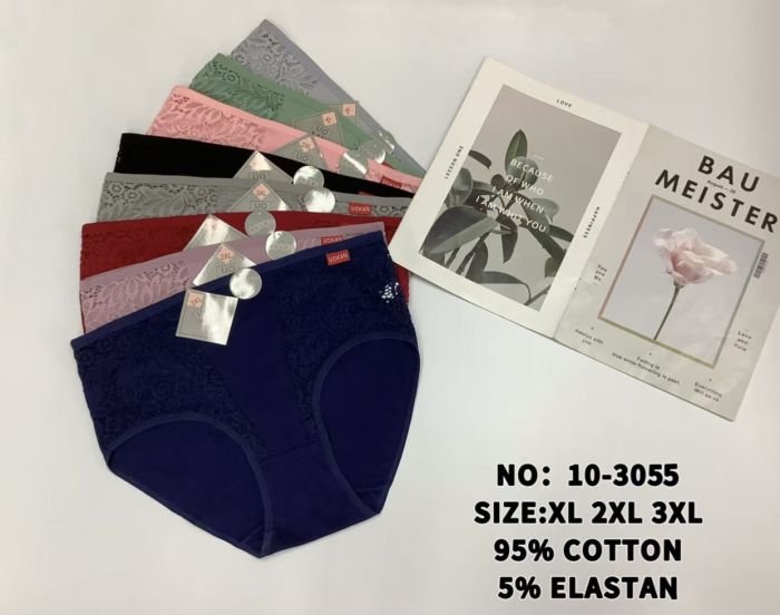 Жіночі труси "UO KАN" 10-3055 cotton, р. ХL, 2ХL, 3ХL -(48-50, 50-52, 52-54) -асорті -(Однотонні в рубчик +спереду з боків мереживні вставки) -уп. 12 шт