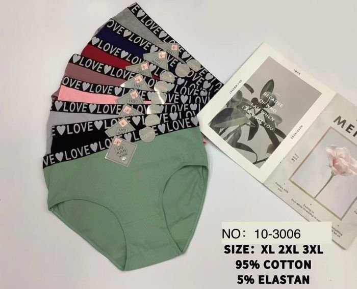 Жіночі труси "UO KАN" 10-3006 cotton, р. ХL, 2ХL, 3ХL -(48-50, 50-52, 52-54) -асорті -(Однотонні в рубчик + на широкій резинці написи LOVE, LOVE) -уп. 12 шт
